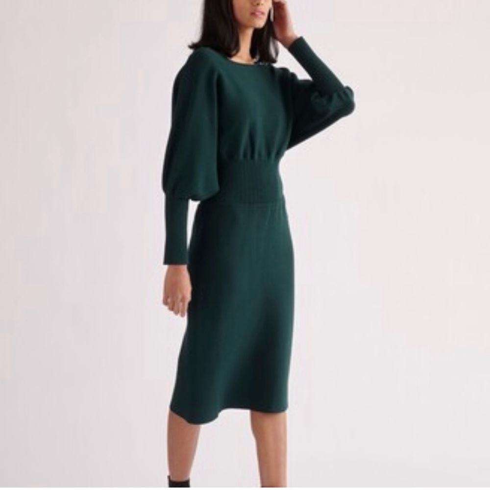 Dolman Ballooned Sleeved Sweater Dress, Evergreen, Size L